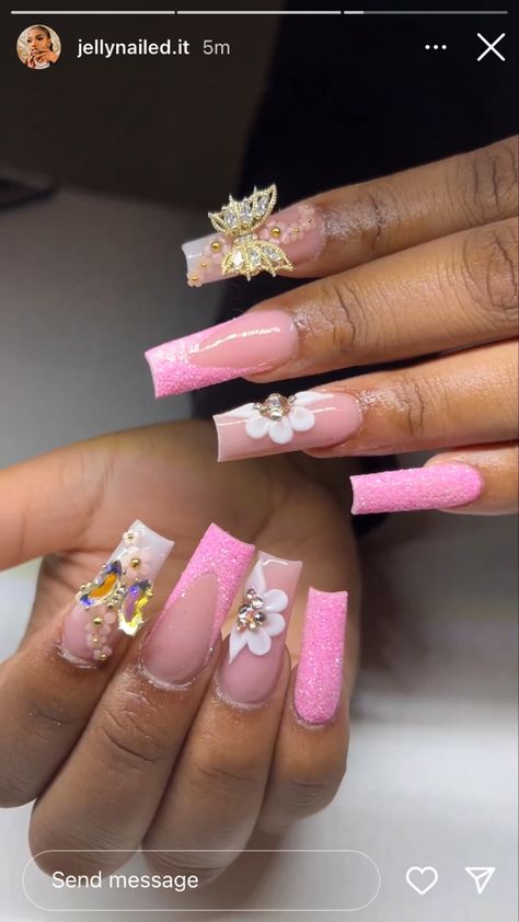 Birthfay nails, pink nails, glitter nails, butterfly nails, flower nails, stone nails Butterfly Stone Nails, Pink Nails Glitter, Nails With Butterflies, Stone Nails, Nails Butterfly, Nails Flower, Mini Butterfly, Butterfly Nails, Nails Glitter