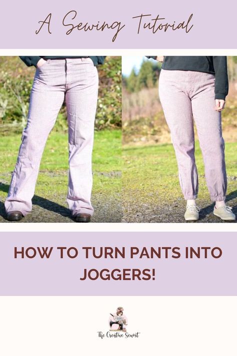 Before and after photos of straight leg pants transformed into jogger style pants How To Make Pants Into Joggers, Making Pants Into Joggers, Adding Elastic To Pants Leg, How To Turn Wide Leg Pants Into Joggers, How To Sew Jogger Pants, How To Put Elastic In Bottom Of Pants, Original Hem, Mending Clothes, Sewing Pants