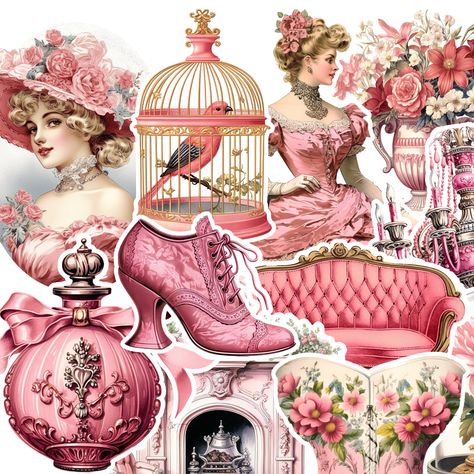 Victorian pink stickers Antoinette Aesthetic, Coquette Tattoo, Victorian Stickers, Victorian Crafts, Victorian Illustration, Pink Victorian, Digital Collages, Flash Tattoos, Nice Nails