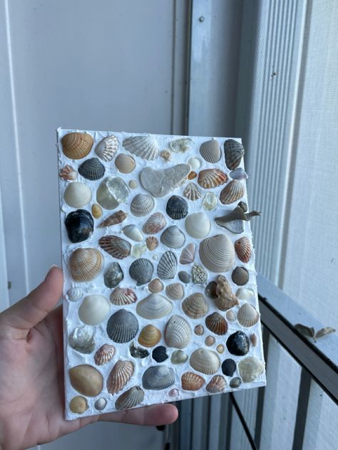 Seashell Art Spackle, Canvas With Shells, Seashell Canvas Painting, Seashell Canvas Art Diy, She’ll Craft Ideas, Seashell Plaster Art, Seashell Painting On Canvas, Sea Shell Canvas Art, Seashell Canvas Art