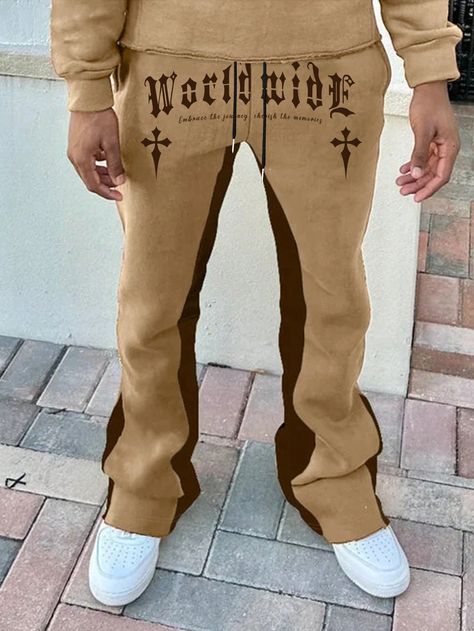 Brown  Collar  Fabric Letter Flare Leg Embellished Slight Stretch  Men Clothing Flare Sweatpants Men, Colorblock Sweatpants, Men Sweatpants, Y2k Pants, Gameday Outfit, Printed Drawstring, Kids Sleepwear, Men's Sweatpants, Kids Beachwear