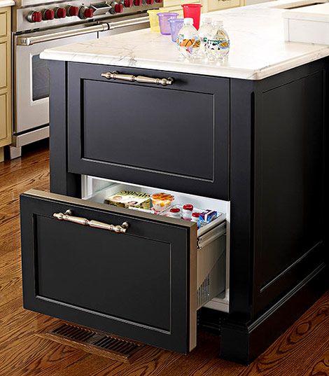 Traditional Home - Refrigerator Island Drawer Island Refrigerator, Volcano House, Integrated Refrigerator, Refrigerator Ideas, Island Storage, Kitchen Island Storage, Fridge Drawers, Refrigerator Drawers, Island Ideas