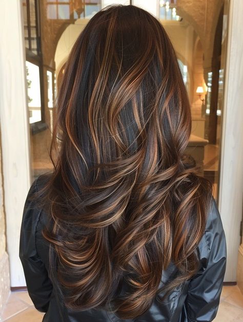 28 Must-Try Fall Highlights for Brown Hair: Embrace the Caramel Trend Highlight Streaks In Brown Hair, Soft Highlights On Dark Hair, Black Hair With Brown Highlights Caramel, Hair Streaks For Brown Hair, Fall Highlights For Brown Hair Caramel, Color Streaks In Brown Hair, Caramel Fall Hair, Fall Highlights For Dark Brown Hair, Black Hair With Caramel Highlights