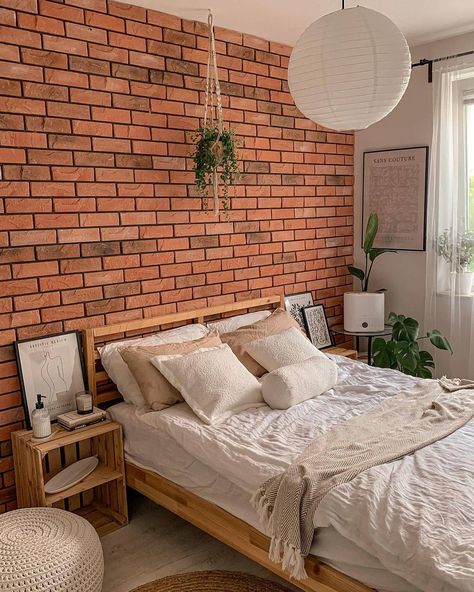 Bedroom With Brick Accent Wall, Brick Wall Bedroom Decor, Bedroom With Brick Wall, Brick Wall Bedroom, Nyc Bedroom, Brick Bedroom, Brick Accent Wall, Loft Inspiration, Bedroom Decor Cozy