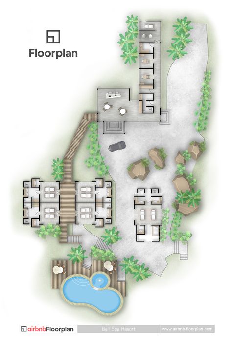 As well as floor plans we create full colour site plans for all purposes such as this spa resort on the island of Bali. Bali Inspired Farm Resort, Spa Resort Architecture, Resort Admin Block Plan, Small Resort Design Plan Layout, Wellness Resort Design, Bali Resort Design, Resort Floor Plan Layout, Wellness Resort Architecture, Resort Design Plan Architecture