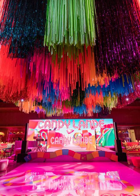 Neon Float Ideas, Candyland Theme Dance, Colorful Dance Floor, Candy Land Prom Theme, Candyland Prom Theme, Trending Birthday Themes 2024, Candyland Dance Theme, Candyland Homecoming Theme, Fun Ceiling Ideas