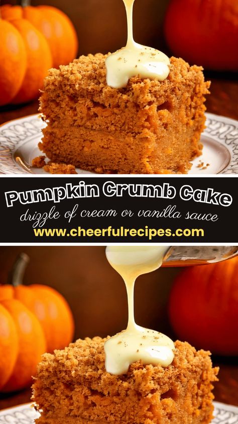 🎃 Fall Treat Alert! Pumpkin Crumb Cake Magic 🎃  Get ready to FALL in love with this moist, spiced Pumpkin Crumb Cake topped with a dreamy drizzle of cream or vanilla sauce. 🍂✨  One bite, and you’re transported to pumpkin-spice heaven!  Save this pin for your next autumn baking day, or tell us in the comments:  Are you team vanilla sauce or cream drizzle? ❤️👇  #PumpkinSpiceSeason #FallBaking #CozyDesserts #PumpkinCrumbCake Crumb Cake Topping, Pumpkin Crumb Cake, Moist Pumpkin Cake, Crumb Topping Recipe, Whipped Cream Desserts, Cake Magic, Autumn Baking, Crumb Cake Recipe, Easy Sweets