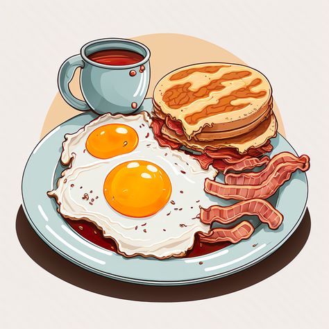 Classic American Breakfast, English Breakfast Illustration, Breakfast Art Illustration, Breakfast Drawing Illustration, American Breakfast Ideas, Breakfast American, Yummy Illustration, Breakfast Drawing, Breakfast Cartoon