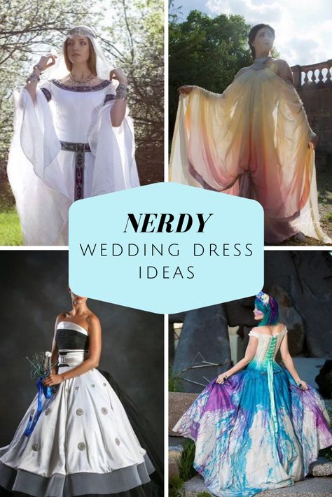 Wedding Dresses for Fantasy and Sci-Fi Brides | Lovers of fantasy and sci-fi can have a great appreciation for fashion because of their outsized imaginations. That's how you get the most artfully crafted and nerdy wedding dresses this side of Hyrule Kingdom. Adapted from beloved works of Disney, video games, and cult classics, these geek wedding dresses will have you waltzing down the aisle humming "Bippity boppity boo" -- or screaming "Beetlejuice, Beetlejuice, Beetlejuice!" Science Fiction Wedding Dress, Zelda Inspired Wedding Dress, Cosplay Wedding Ideas, Nerdy Wedding Dress, Marvel Wedding Dress, Starwars Wedding Dresses, Star Wars Inspired Wedding Dress, Sci Fi Wedding Dress, Geek Wedding Dress