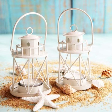 Kate Aspen by The Sea Lighthouse Tea Light Holders (Set of 4), Beach Wedding Favors, Nautical Decor, Coastal Decor, Ocean Decorations, White Lighthouse Candle Holder, Nautical Favors, Beach Theme Wedding Favors, Sea Lighthouse, Ocean Wedding Theme, From Sea To Shining Sea, Candle Power, Mini Lanterns, Sea To Shining Sea