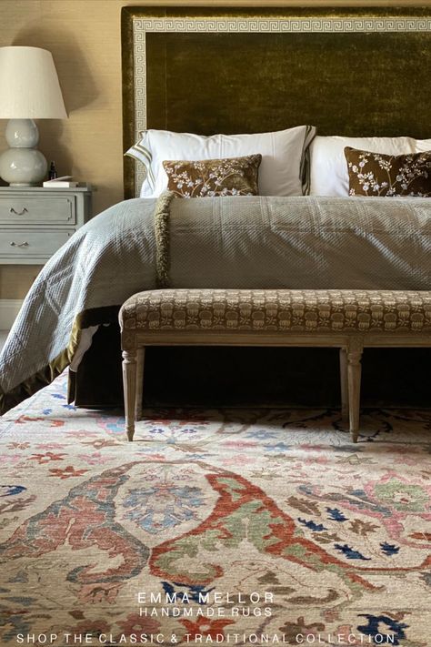 A handmade Afghan rug in a stunning bedroom. English Countryside Style, Style Bedroom, Bedroom Green, Classic Rugs, Main Bedroom, Home Design Plans, Aesthetic Bedroom, Headboards, Front Room