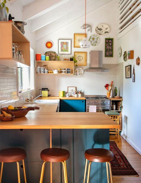 1970s Beach, Roof Cladding, Timber Slats, Seaside House, Fibreglass Roof, Upstairs Loft, Yellow Tile, Timber Beams, Bold Wallpaper