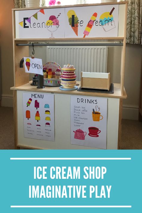 Ice Cream Stand Dramatic Play, Ikea Kitchen Dramatic Play, Tk Centers, Duktig Kitchen Hack, Ice Cream Shop Dramatic Play, Kindergarten Centres, Ikea Duktig Kitchen, Duktig Kitchen, Ikea Kids Kitchen