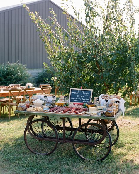 Snacks on Wheels Charcuterie Station, Outdoor Wedding Bar, Cocktail Hour Food, Wedding Food Stations, Drink Display, Cocktail Hour Wedding, Old Wagons, Food Stations, Wedding Coasters