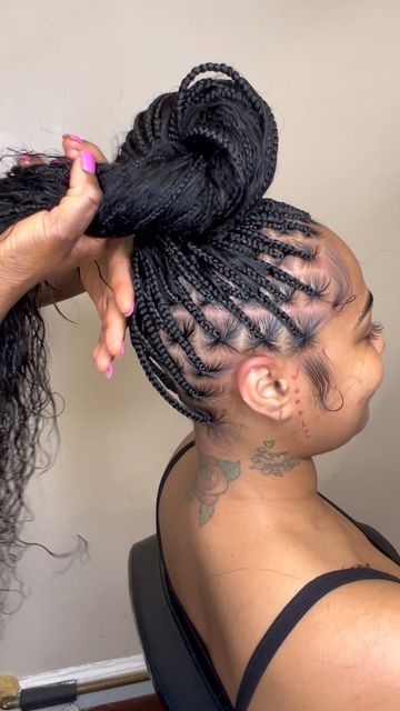 Bohemian Braids In A Bun, Bohemian Knotless Braids In A Bun, Bun With Boho Braids, Box Braid Bun For Black Women, Boho Knotless Braids In A Bun, Bohemian Knotless Braids Bun, Boho Knotless Braids Bun, Boho Braids In A Bun, Knotless In A Bun