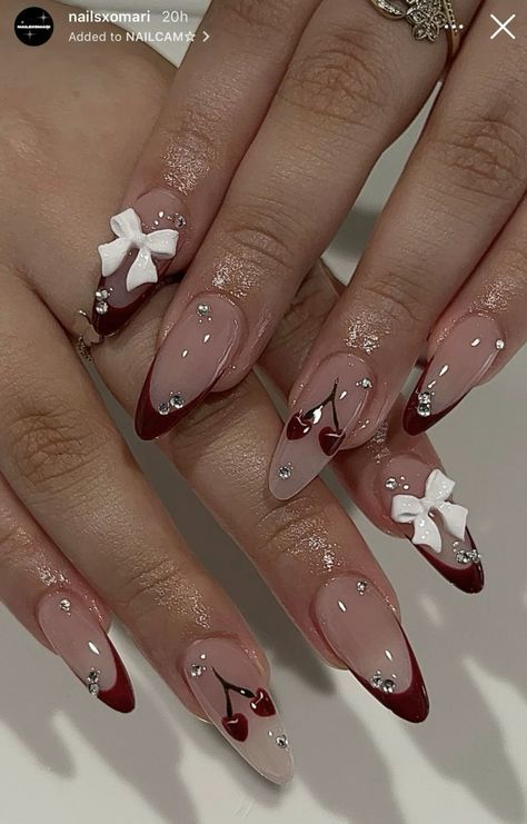 Almond Nails Inspo Aesthetic, Nail Art With Charms, Almond Nails Aesthetic, Aesthetic Nail Designs, Paznokcie Hello Kitty, Press On Nails Almond, Kutek Disney, Manikur Kuku, Cherry Nails