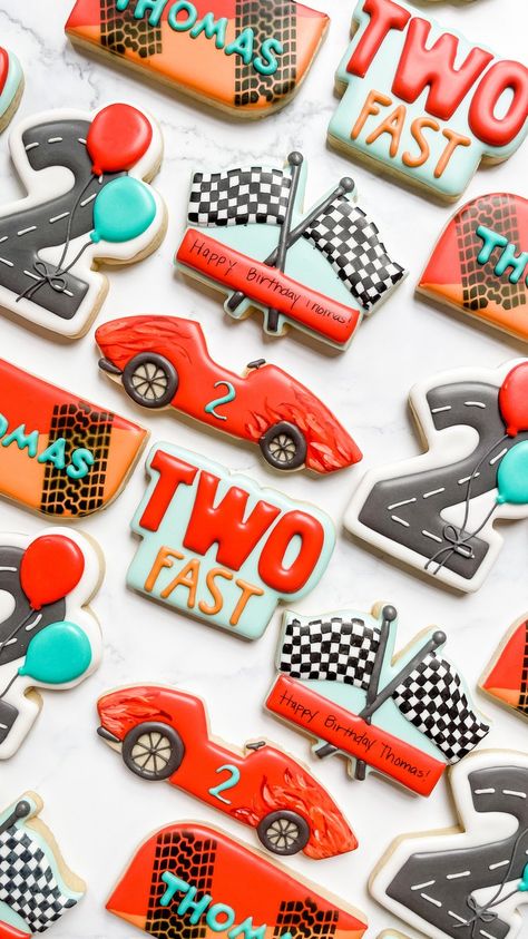 Omaha Nebraska Custom Birthday Sugar Cookies — The Flour Shoppe Cookie Co Two Fast Two Furious, Race Car Cakes, Car Cookies, 2nd Birthday Party For Boys, 2nd Birthday Boys, Cookies Theme, Car Birthday Theme, Race Car Birthday Party, Second Birthday Ideas