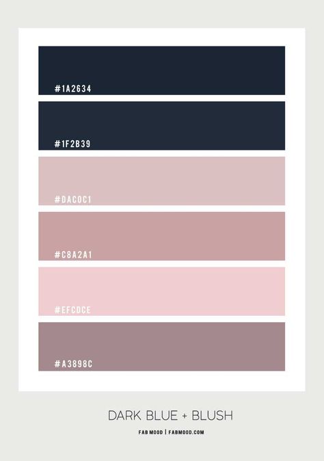 Beautiful bedroom color scheme : Dark blue, mauve and blush Navy And Mauve Color Palettes, Blush Pink And Navy Living Room, Mauve Shades Colour Palettes, Dark Blue Pink Color Palette, Navy Pink Gold Bedroom, Dark Grey And Pink Living Room, Navy Blue And Blush Living Room, Navy Blue And Blush Bedroom, Beauty Salon Color Palette