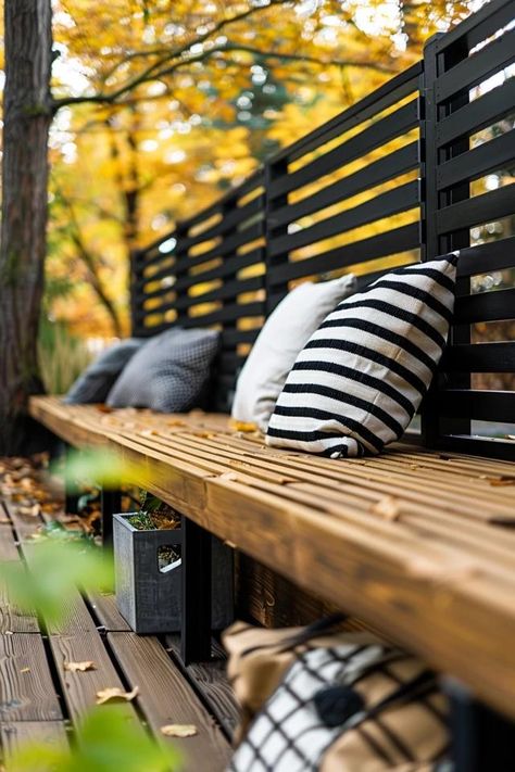 Creative Deck Benches Ideas for Outdoor Bliss Bench Along Fence, Bench On Deck Built In, Decks With Bench Seating, Bench Outside Ideas, Bench On Deck, Built In Deck Seating, Deck Seating Ideas, Fromt Porch Ideas, Porch Bench Ideas