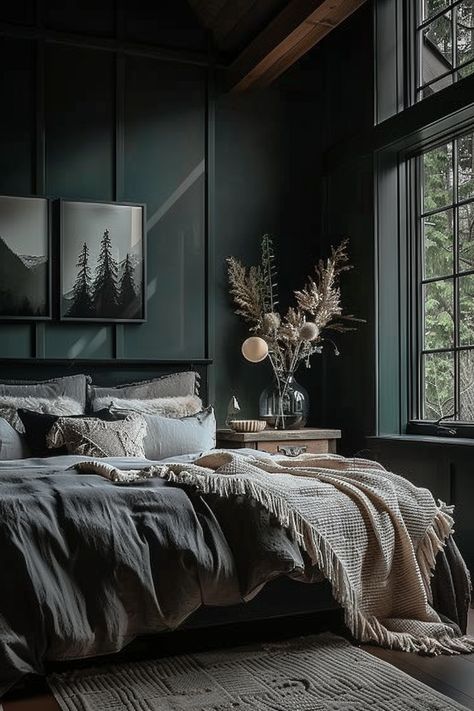 Moody Mens Bedroom, Basement Bedroom Ideas For Men, Moody Bedroom Black, Dark Bedroom Paint, Moody Small Bedroom, Dark Cosy Bedroom, Monochromatic Bedrooms, Small Dark Bedroom Ideas, Dark Wall Bedroom