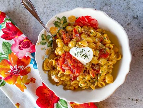 Taco Shells and Cheese Recipe | Ree Drummond | Food Network Taco Shells And Cheese, Shells And Cheese Recipe, Shells And Cheese, Taco Mac And Cheese, Drying Cilantro, Cheese Stuffed Shells, Taco Shells, Small Pasta, Asian Noodles