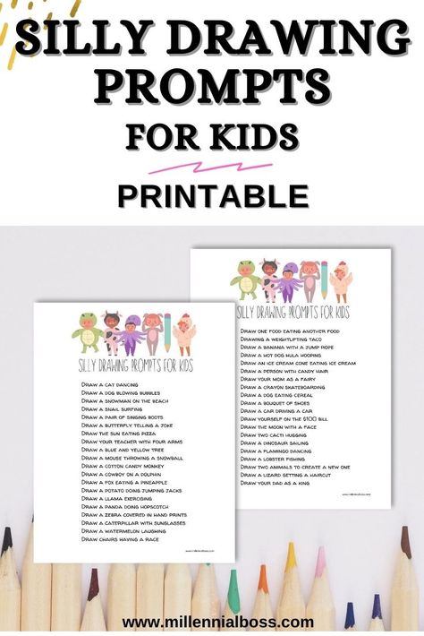 Use this silly drawing prompts for kids printable to start a new drawing habit or to have a sillier day filled with drawing and crafts! Sketchbook Prompts Elementary, Kids Drawing Challenge, Sketchbook Prompts For Kids, Sketchbook Prompts For Middle School, Kids Drawing Prompts, Silly Drawing Prompts, Art Prompts For Kids, Kids Drawing Games, Drawings Prompts