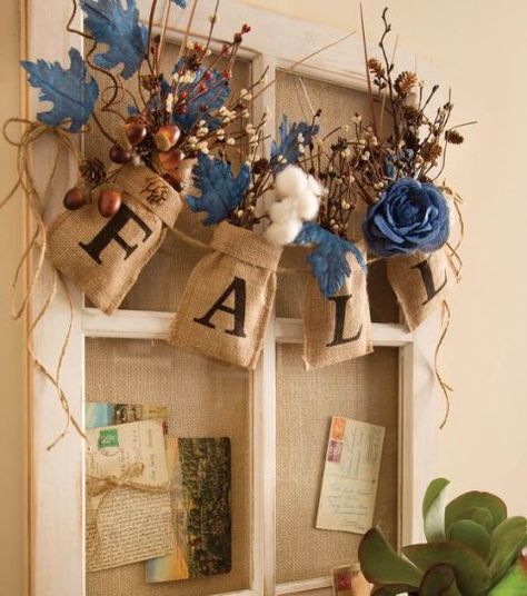 There's no going wrong when it comes to burlap, flowers, and rustic foliage. This DIY Fall Burlap Bag and Floral Garland gorgeously proclaims seasons greetings. Diy Fall Garland, Burlap Projects, Fall Banner, Diy Burlap, Manualidades Halloween, Fall Garland, Fall Deco, Burlap Crafts, Burlap Flowers