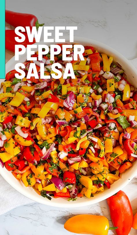 Mini Sweet Pepper Recipes Chicken, Colorful Peppers Recipe, Marinated Bell Peppers Recipe, Hot Pepper Appetizers, Tomato Free Salsa, Lunchbox Pepper Recipes, Unique Salsa Recipes, Tomato And Pepper Recipes, Peppadew Peppers Recipes