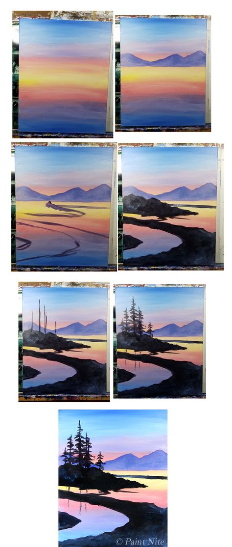 Peaceful Pines Process, step by step winding river beginner painting idea. Painting Courses, Paint Night, Drawing Faces, Seni Cat Air, 수채화 그림, Simple Acrylic Paintings, Lukisan Cat Air, Step By Step Painting, Night Painting