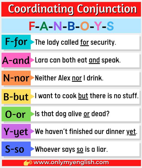 Coordinating Conjunction FANBOYS | Examples & List Fanboys Conjunctions, Teaching Conjunctions, Teas Test, Connecting Words, Direct And Indirect Speech, English Desk, Grammar Notes, Coordinating Conjunctions, Esl Grammar