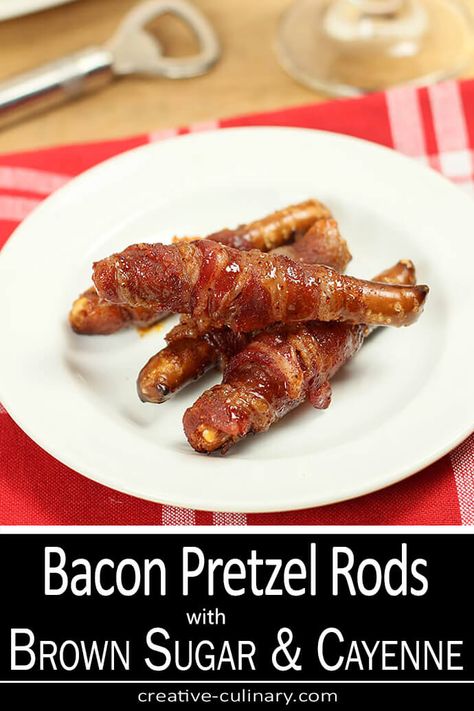 These Bacon Wrapped Pretzel Rods with Brown Sugar and Cayenne Glaze are simply indescribable. Crunchy, chewy, salty, hot, and sweet? Yes...perfection! Mint Syrup, Bacon Appetizers, Scrumptious Food, Bake Goods, Themed Food, Pretzel Rods, Football Party Food, Candied Bacon, Dinner Appetizers