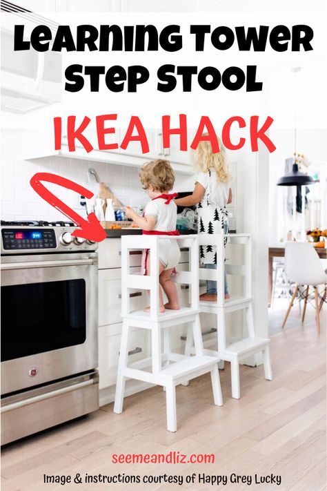 Ikea Stool Learning Tower, Diy Kitchen Helper Stool Folding, Diy Helper Tower, Ikea Kitchen Helper, Kids Kitchen Helper Stool, Learning Tower Ikea Hack, Toddler Helper Stool Diy, Kitchen Helper Tower Diy, Montessori Tower Diy