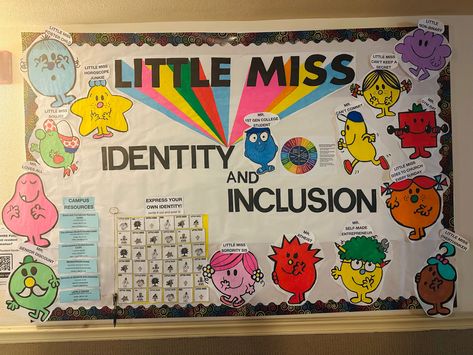 RA bulletin Board, featuring Mr. Men and Little Miss characters. Used to explain identity and inclusion topic, diversity and more! #bulletinboardideas #bulletin #RA #residential #Identity #inclusión #diversity #reslife Student Affairs Office Decor, Ra Bulletin Boards Inclusion, Deaf Education Bulletin Board, Ra Inclusion Bulletin Board, Lgbtq Ra Bulletin Board, Identity Ra Bulletin Board, New Year New Me Bulletin Board, Diversity Events College, Roommate Ra Bulletin Board