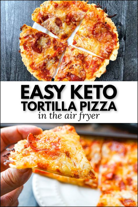 If you are looking for a quick and tasty keto dinner, try this easy low-carb tortilla pizza that you make in the air fryer or oven. Using a few simple ingredients you can satisfy a pizza craving and still stick to your keto diet. Great for a low carb snack too. Each one has just 1.6 grams of net carbs. Keto Pizza Tortilla Crust, Low Carb Tortilla Pizza Oven, Keto Air Fryer Pizza, Zero Carb Tortilla Pizza, Carb Counter Tortilla Recipes, Low Carb Air Fryer Pizza, Keto Tortilla Pizza Recipes, Keto Pizza On Low Carb Wrap, Keto Wrap Ideas