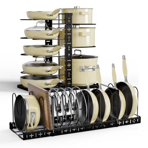 PRICES MAY VARY. 10-TIER LARGER RACK: Fits up to 14-inch large pans and pots, ULG 10-tierpots and pans organizer under cabinet tidies up the messy pans, pots, and lids stored in the cabinet or drawer. Be sure to measure the (width / height / depth) size of your cabinet before purchasing the ULG pan rack to ensure that the size of our pot rack suits your cabinet. Minimum Cabinet Size Required: Width≥22'' ; Height≥17''. SUPERIOR BALANCE: Pot lid organizer made of thick iron wires and sturdy frames Pot And Pan Organizer, Inside Cabinet, Pan Organizer, Cookware Organization, Pot And Pans Organization, Pot Lid Organization, Pan Storage, Pan Organization, Pan Rack