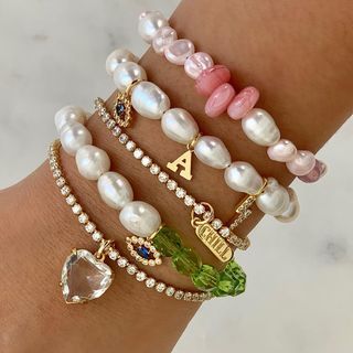 Custom Charm Bracelet, Custom Bracelet, Hand Bracelet, Crystal Beads Bracelet, Jewelry Lookbook, Tinker Bell, Bead Charm Bracelet, Pearl Charms, Girly Jewelry