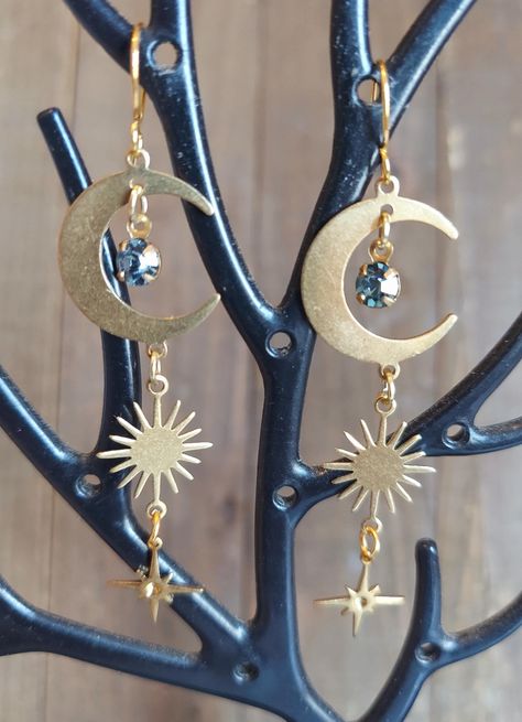 Brass crescent moon earrings, celestial earrings, boho earrings, moon phase earrings, witchy earrings, gypsy earrings, sun and moon earrings Earrings Sun And Moon, Sun And Moon Earrings, Witchy Earrings, Earrings Moon, Celestial Earrings, Crescent Moon Earrings, Moon Earrings, Sun And Moon, Earrings Boho