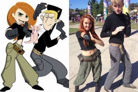 My daughter as Kim Possible in 2013. We both put all this costume together with thrift store finds. Her friend as Ron Stoppable also put his costume with thrift store finds. Things That Go Together Halloween Costumes, Kim And Ron Halloween Costume, Original Couple Costume Ideas, Ron Kim Possible Costume, Ron And Kim Possible Costume, Kim Possible Ron Stoppable Costume, 90s Cartoon Couples Costumes, Kim And Ron Costume, Kim Possible Couples Costume