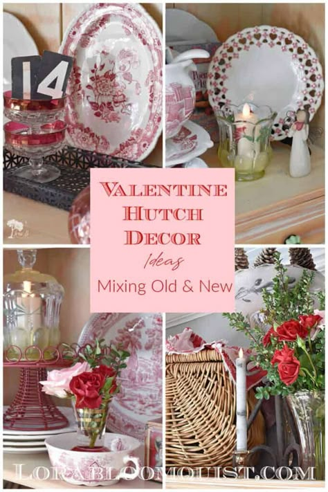 Need Valentine Decorating Ideas? This vintage-inspired hutch display will give you beautiful Valentine decor ideas, mixing old and new. Nostalgic vintage dishes combine with thrifted and new finds for romantic Valentine's home decor. #Valentinedecor #Valentinesdecorating #Valentinesdecor #vintageValentines #hutchdecor #hutchdecorating #hutchdisplay #vintagedecorating Antique Booth Valentine Display, Valentine Cabinet Decor, Valentine’s Day Vignette, Valentines Hutch Decor, Vintage Valentines Tablescape, Valentines Buffet Decor, Vintage Valentine Vignettes, Valentine Vintage Decor, Valentines Antique Booth Ideas