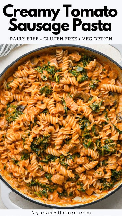 This tomato sausage pasta recipe is the perfect example of healthy comfort food in a bowl! Made with your favorite pre-cooked sausage, nutrient-packed kale, savory mushrooms, and a creamy tomato sauce for a delicious meal that still feels indulgent. Perfect for family dinner or date night! Dairy free, gluten free, vegan option. Dairy Free Sausage Pasta, Dairy Free Italian Sausage Recipes, Sausage Pasta Recipes Dairy Free, Non Dairy Dinner Recipes, Dinner Ideas Dairy Free, Easy Dairy Free Dinner, Tomato Sausage Pasta, Gluten Free Pasta Dinner, Smoked Sausage Recipes Pasta