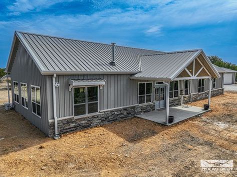 The Hico Barndominium is a completed barndominium built by Texas Best Construction in Hico, Texas. This Barndominium is 2850 sqft living,... | Instagram Hico Texas, Stained Glass Light Fixture, Trash Drawer, Huge Pantry, Build A Barn Door, Exterior Panels, Metal Building House Plans, Half Bathrooms, Stained Glass Light