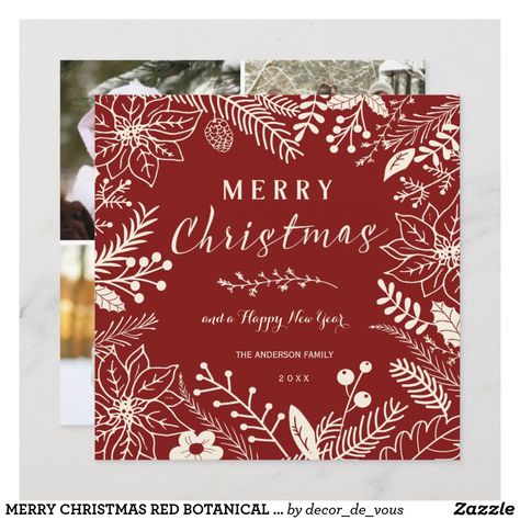 MERRY CHRISTMAS RED BOTANICAL SQUARE PHOTO COLLAGE HOLIDAY CARD Christmas Cards Elegant, Happy Holidays Card Design, Photo Xmas Cards, Red Christmas Cards, Classic Christmas Card, Red Christmas Card, Christmas Marketing, Botanical Frame, Merry Christmas Poster