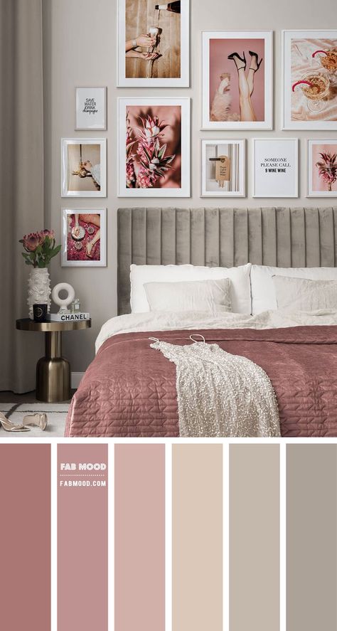 Cinnamon Rose and Metal Colour Scheme For Bedroom. Rosey pink bedroom, metal bedroom, grey and rosey pink bedroom decor, feminine bedroom Dust Rose Bedroom Ideas, Beige Gray And Pink Bedroom, Greige And Pink Bedroom, Bedroom Decor Palette, Dark Rose Bedroom Ideas, Blush Rose Bedroom, Woodrose Bedroom, Colour Palette Room Bedrooms, Colour Themes For House