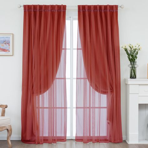 PRICES MAY VARY. PACKAGE INCLUDES: 2 double curtain panels, each 52 inches wide and 84 inches long. The curtains have a combination design, so you only need one curtain rod. DOUBLE LAYER DESIGN: Our curtains are double-layered, the blackout layer effectively blocks sunlight and UV rays, whether you are catching up on sleep or watching a movie, these curtains can create a comfortable lounge space for you. And the voile layer blocks unwanted views during the day, while ensuring fresh air and natur Pink Walls Orange Curtains, Wall Of Curtains Behind Bed Red, Red Bed Drapes, Rust Pink Curtains, What Color Curtains Go With Red Walls, Red Sofa Teal Curtains, What Colour Curtains Go With Pink Walls, Maximalist Bed Curtains, Red Sofa Living Room Curtains