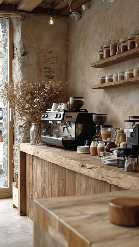 Cafe Rustic Interior, Rustic Kitchen Interior, Rustic Shop Interiors, Neutral Coffee Shop, Coffee Shops Ideas, Coffee Shop Rustic, Rustic Coffee Bar Ideas, Farm Coffee Shop, Cafe Style Kitchen