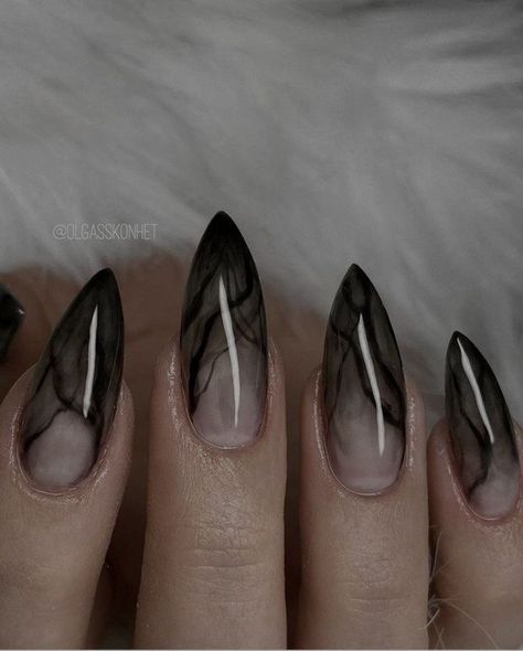 My friends were sitting together, talking about nails. We were discussing short stiletto nails. These nails are cool and sharp, but not Goth Stiletto Nails Designs, Black Smokey Nails Acrylic, Simple Goth Nails Almond, Dark Aesthetic Nails Acrylic, Simple Goth Nail Ideas, Fishnet Nail Design, Short Stilleto Nails Halloween, Goth Nail Art Designs, Dark Engagement Nails