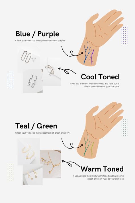 Warm Tone Or Cool Tone Skin, Warm Tone Jewelry, Jewelry Matching Guide, Colors That Match Gold, Jewelry Color For Skin Tone, Jewelry For Cool Skin Tone, How To Tell If You Should Wear Gold Or Silver, Style Jewelry Outfit, Jewelry For Work