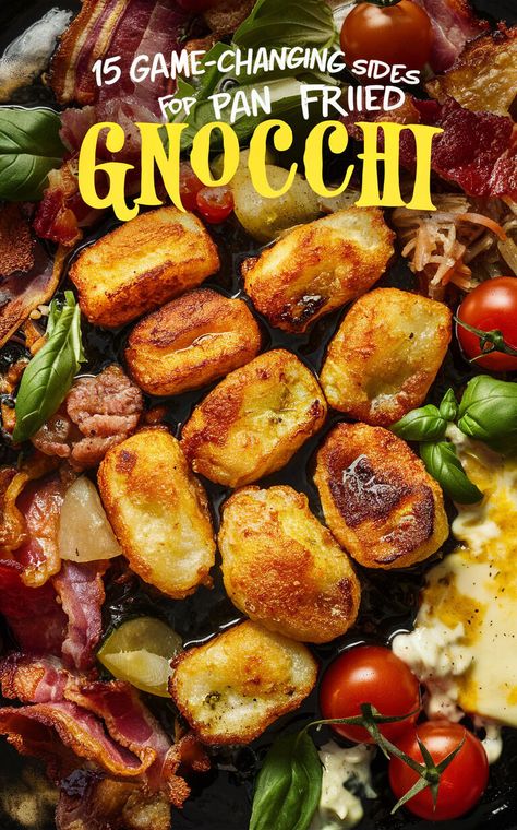 15 Mouthwatering Side Dishes to Serve With Pan Fried Gnocchi! 🍴😋 #gnocchi #sidedishes #yum Fried Gnocchi, Pan Fried Gnocchi, Sage Butter Sauce, Sweet Potato Gnocchi, Potato Dumplings, Cheesy Bacon, Sauteed Spinach, Gnocchi Recipes, Spicy Sausage