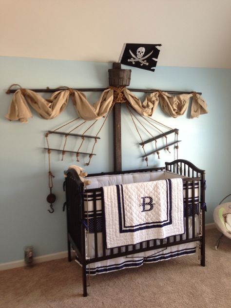 Our son's Classy nautical pirate themed nursery! Completely made by my husband and me! Pirate Bedroom Decor, Baby Boy Nursery Room Design, Pirate Room Decor, Pirate Nursery, Neverland Nursery, Pirate Bedroom, Nautical Nursery Boy, Nursery Ideas Boy, Casa Disney