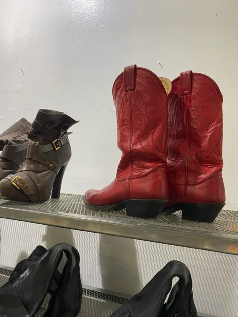 Red Leather Cowboy Boots, Vintage Red Cowboy Boots, Red Cowboy Boots Aesthetic, Cowboy Boots Aesthetic, Lana Concert, Cow Boy Boots, Red Cowboy Boots Outfit, Red Knee High Boots, Thrift List